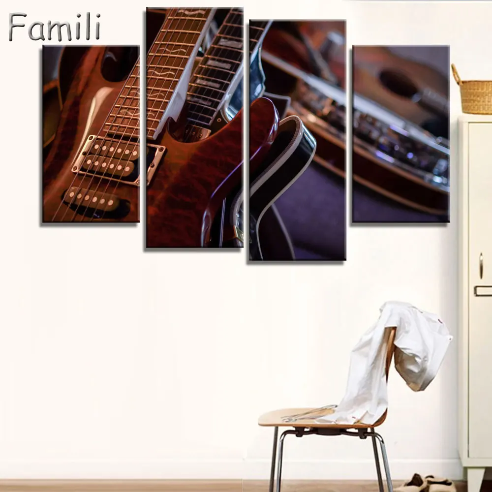 Canvas Wall Art UnFramed Home Decor Pictures 4 Pieces Electric Guitar Paintings Vintage Music Instrument Posters HD Printed PENG