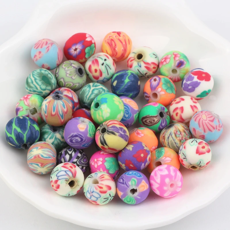 10MM 200pcs/lot Mixed Colors Flower Ball  Round Polymer Clay Beads Handpainted Fit Bracelet Beads DIY Finding Accessory