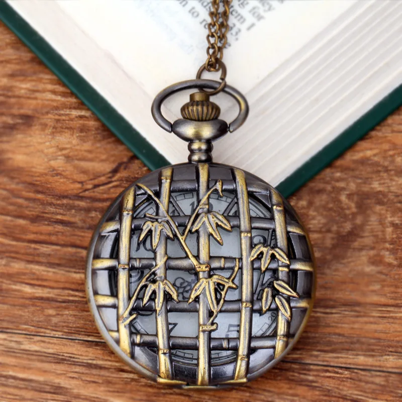 Chinese Antique Style Bronze Thin Chain Hollow Bamboo Pocket Watch Can Flip Inside White Face Black Word Quartz Pocket Watch