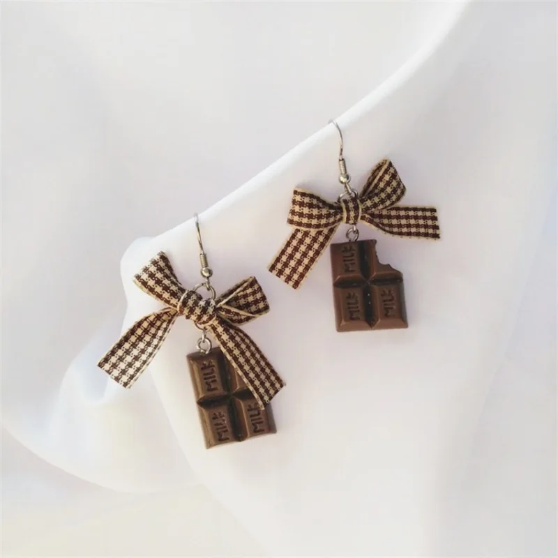 2019 Korean Fashion geometric bowknot cloth dangle earrings funny cute chocolate resin long earrings women jewelry ear clip gift