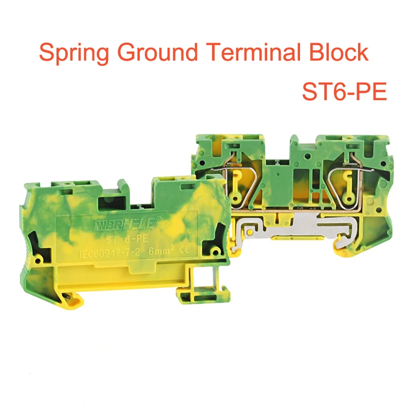 1Pcs Spring Ground Terminal Block ST6-PE Din Rail Yellow Green Earthing Bornier Wire Cable  Connector Morsettiera 6mm2