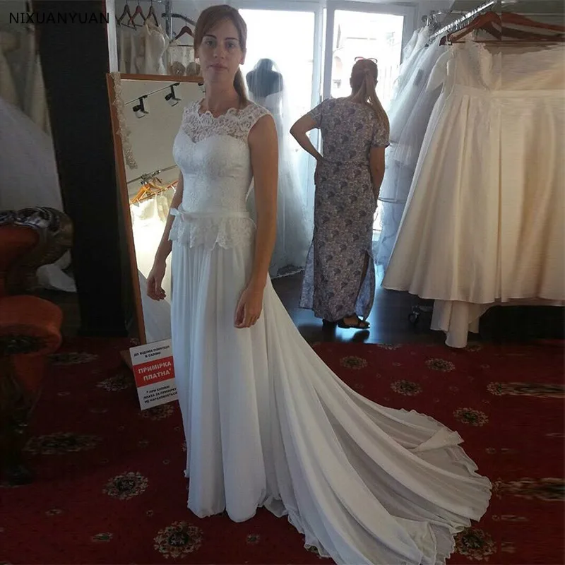 

New Arrival Boho Wedding Dresses Jewel Sleeveless White Ivory Chiffon Skirt Vestido De Novia Bridal Dress