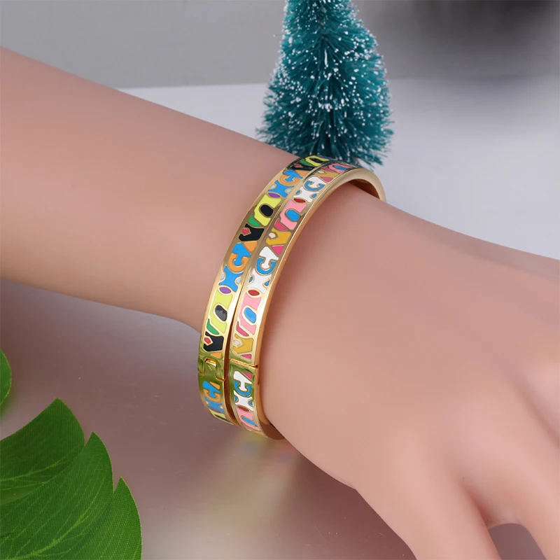 Color Culture Femme Titanium Stainless Steel Open Bangles Ethnic Colorful Enamel Costume Jewelery