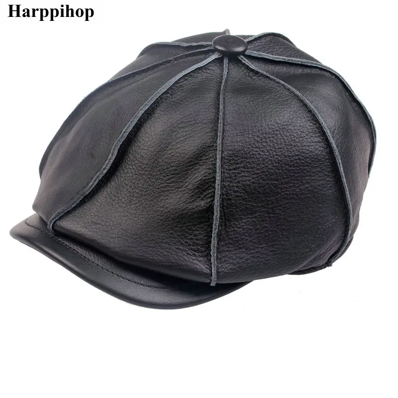 casual genuine leather hat genuine leather cowhide male cap octagonal cap painter cap winter warm hat