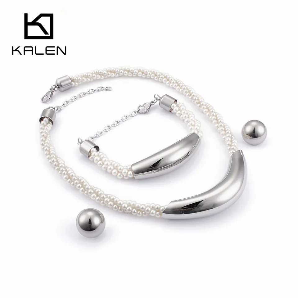 KALEN Bohemia Plastic Pearl Jewelry Set For Women Stainless Steel Plastic Twisted Chain Choker Necklace Bracelet Earrings Set