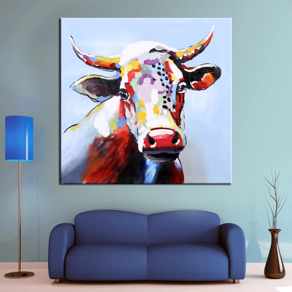 

Wall Art Hand Painted Cartoon Cattle Modern Animal Oil Painting Wall Decorative Canvas Art Picture for living room Home Decor