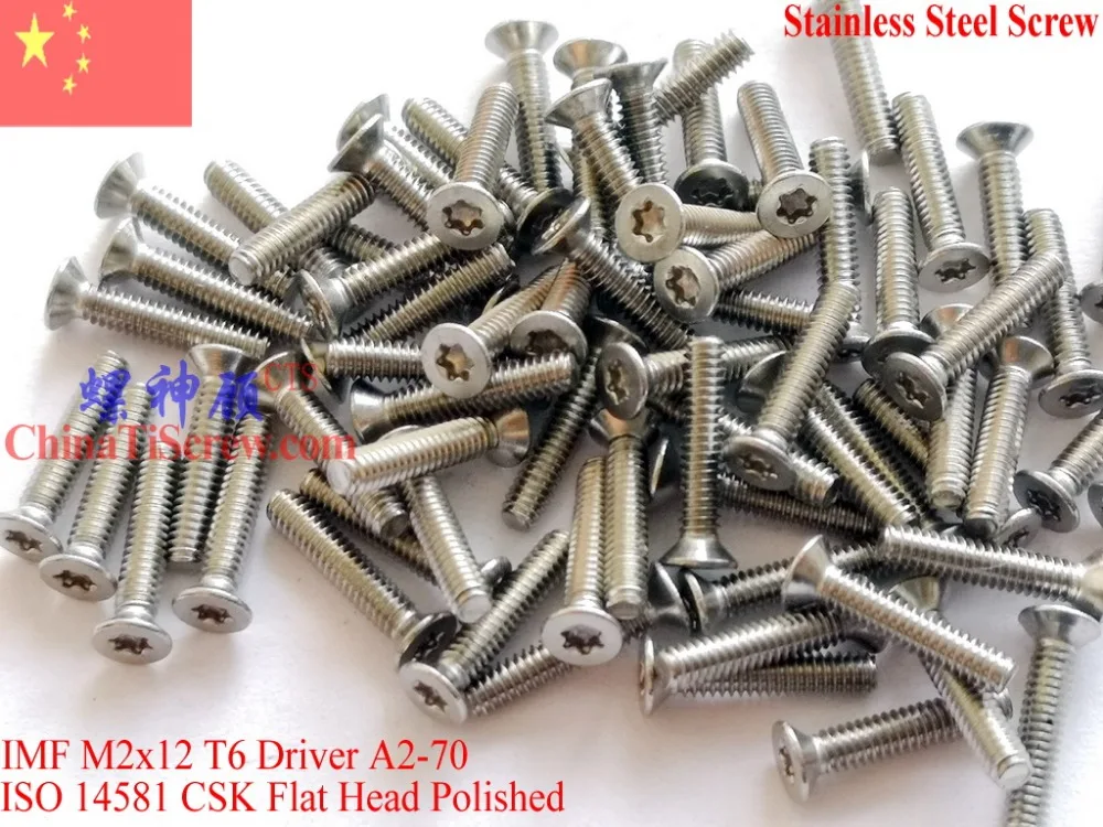 ISO 14581 Stainless Steel M2 Screws M2x3 M2x4 M2x5 M2x6 M2x8 M2x10 M2x12 M2x16 M2x20 Flat Head T6 Drive A2-70 Polished 100 pcs