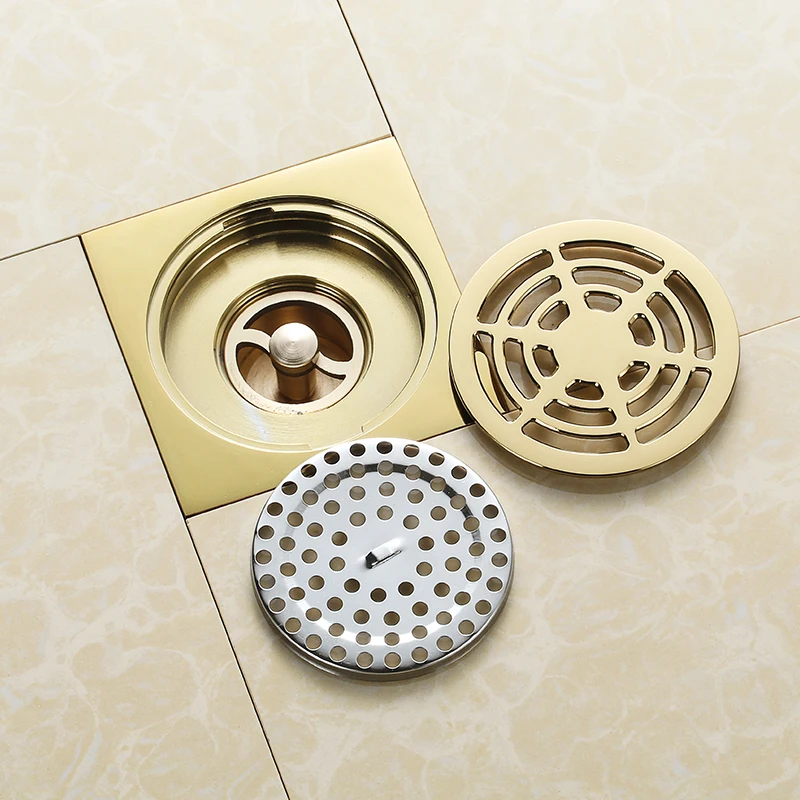 Luxury gold solid brass 100 x 100mm square anti-odor floor drain golden bathroom shower drain shower room drainer cover