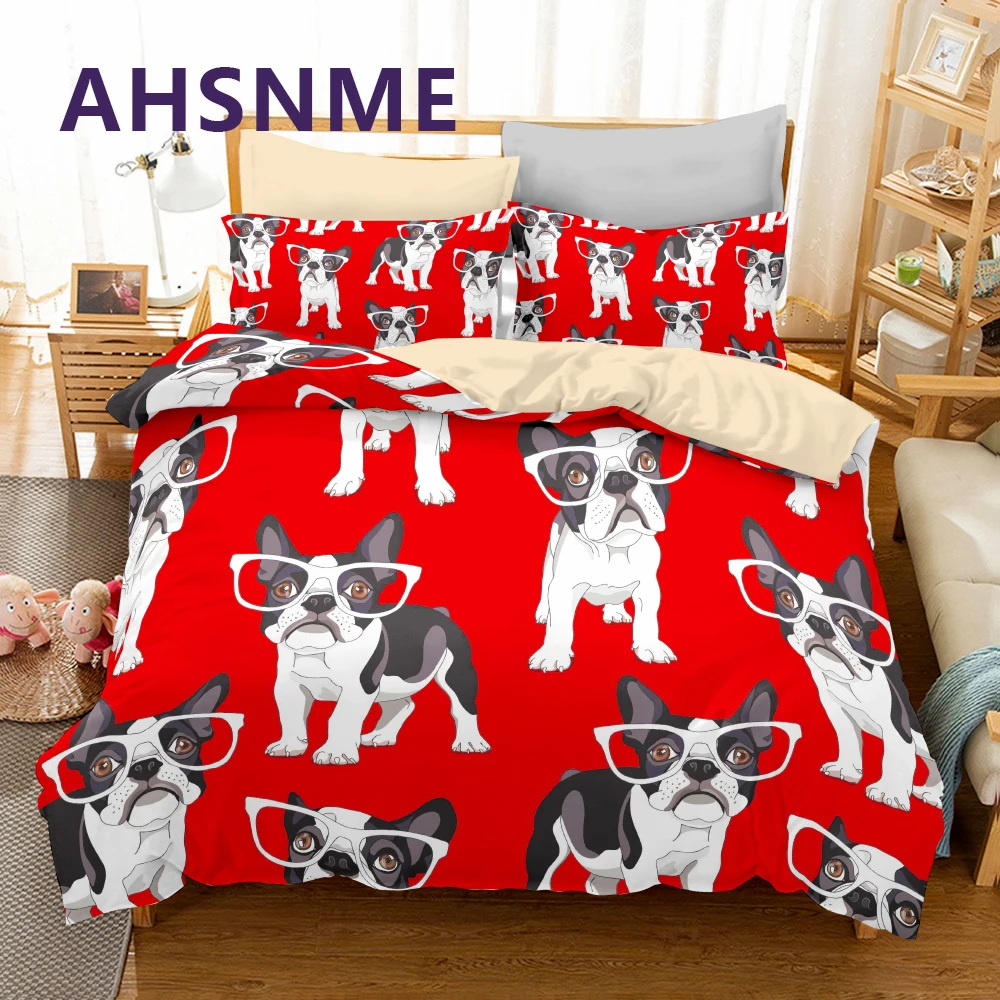 AHSNME Bulldog Bedding Set Pet Dog Duvet Cover Sets 2/3pcs Kids Bed Set Queen King Bedclothes No Bed Sheet