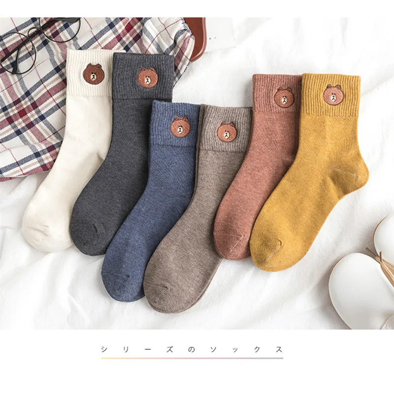 

YSMILE Y 6Pairs /Lot Autumn Winter Embroidery Bear Women Socks Solid Cartoon Cotton Female Daily Casual All Match Socks For Lady