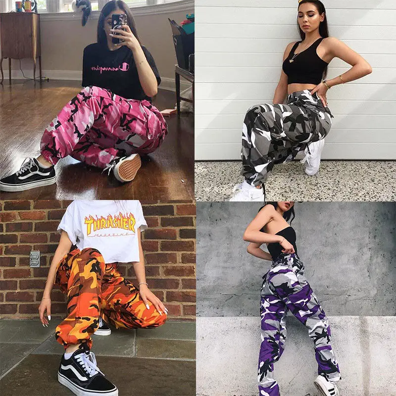 Fashion Women Camo Cargo High Waist Hip Hop Trousers Pants Military Army Combat Camouflage Long Pants Hot Capris