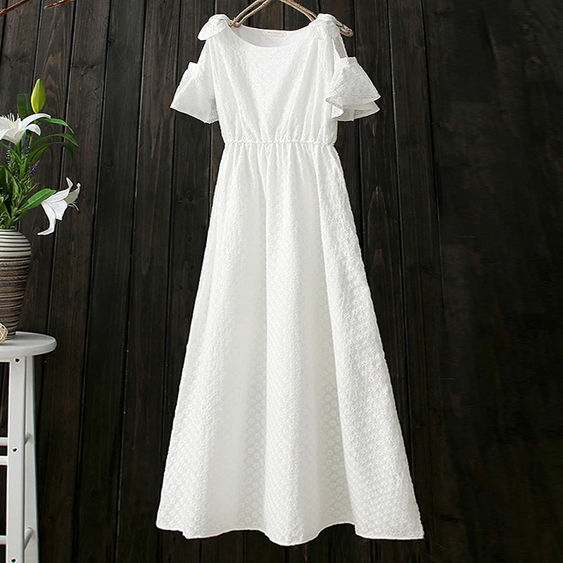 Free Shipping 2023 New Fashion Long Mid-calf Summer 100% Cotton Embroidery Flower Short-sleeve Dresses White And Blue Color