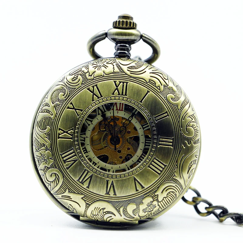 

5pc/lot Luxury Retro Bronze Roman Numerals Manual Mechanical Pocket Watch For Men Women Carving With Fob Chain PJX1201