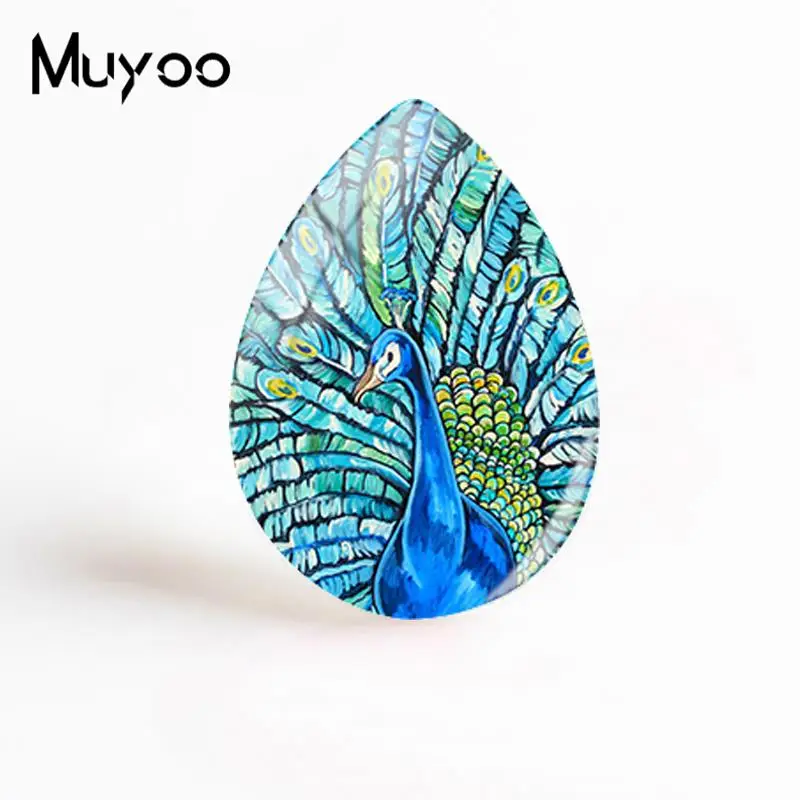 2018 New Peacock Feather Jewelry Art Painting Tear Drop Cabochon Round Photo Glass Dome Cabochons Gifts Women