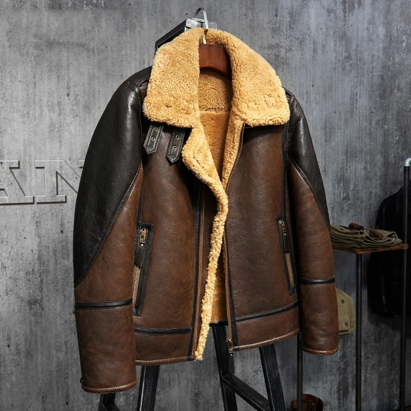 Men's Shearling Leather Jacket Light Brown B3 Jacket Men's Fur Coat Aviation Leathercraft Pilots Coat Original Flying Jacket