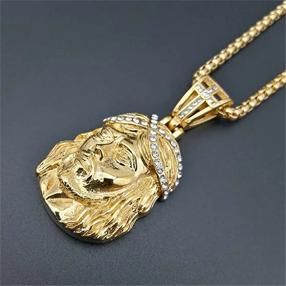 Hip Hop Necklace Stainless Steel Gold Color Iced Out Chains Cross Jesus Head Pendant Necklace For Men/Women Gifts