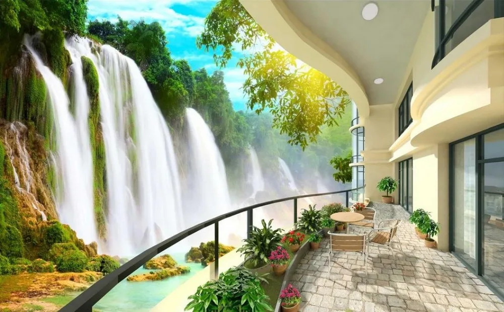 

Waterfall TV backdrop balcony 3d room wallpaper landscape 3d wallpaper living room Home Decoration