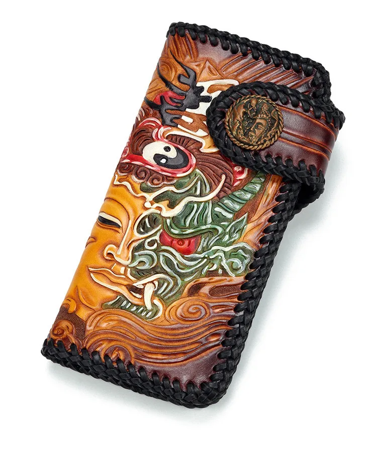 Handmade Knitting Men Genuine Leather Card Holder Bodhisattva Demon Wallets Bag Purses Clutch Vegetable Tanned Leather Wallet