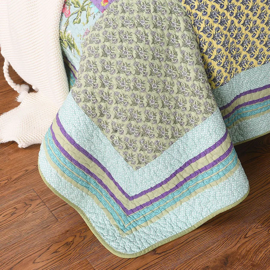 CHAUSUB Patchwork Quilt Bedspread Set 3PCS King Queen Size Pastoral Cotton Quilted Blanket with 2 Pillowcase Summer Coverlet 5
