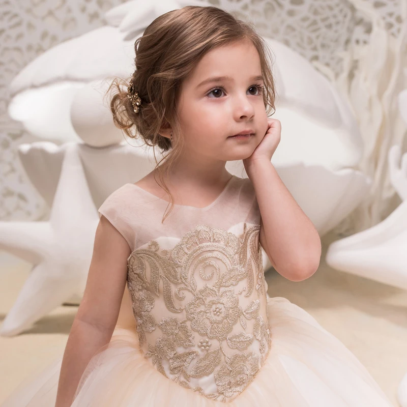 New First Communion Dress Lace Appliques Sleeveless O-Neck Children's Princess Girls Ball Gown Custom Made Flower Girl Dresses