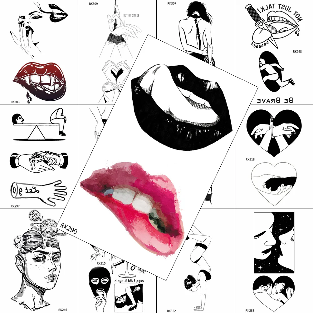 Sexy Red Lips Tooth Tongue Temporary Tattoos Sticker For Adult Body Art Painting Chest Tatoos Fake Waterproof Tattoo Paper