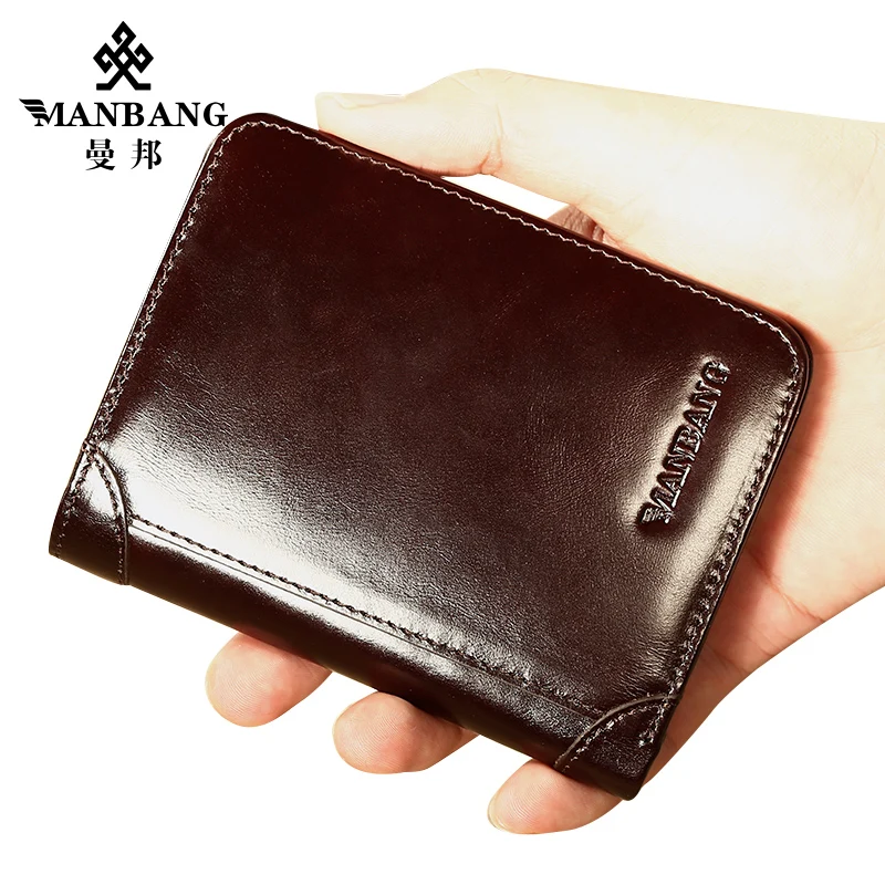 ManBang-cartera de cuero genuino de estilo clásico para hombre, monedero corto, tarjetero, moda, alta calidad