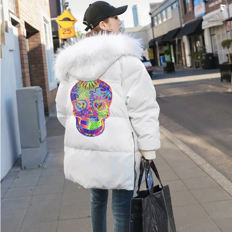 Large Skull Sequin Patch Sew on Sticker for Clothes DIY Biker Applique Clothing Stickers Repair Jacket Patches for Backpacks