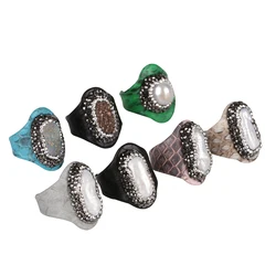 big freshwater pearl bead charm pave rhinestone in grey black pink green snake leather Wrap open rings cuff adjustable unisex