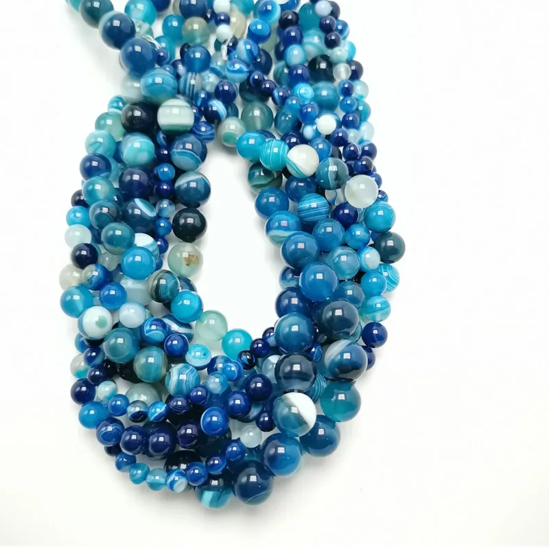 Natural Peacock Blue Zircon Stripe Agates Round Loose Beads 6 8 10 12 14 MM Pick Size For Jewelry Making