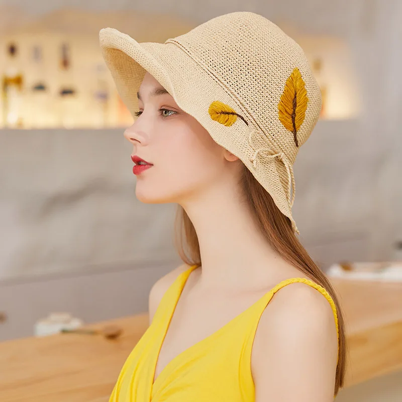 

Handmade Straw Sun Hat Girl Summer Simple Leaf Embroidery Basin Cap Shopping Trip Crochet Sun Shade Caps Women Elegant Hat H6565