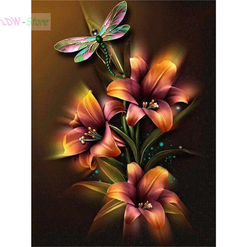 

Full Square/Round Drill 5D DIY Diamond Painting "Dragonfly flower" Embroidery Cross Stitch Mosaic Home Decor Gift WG362