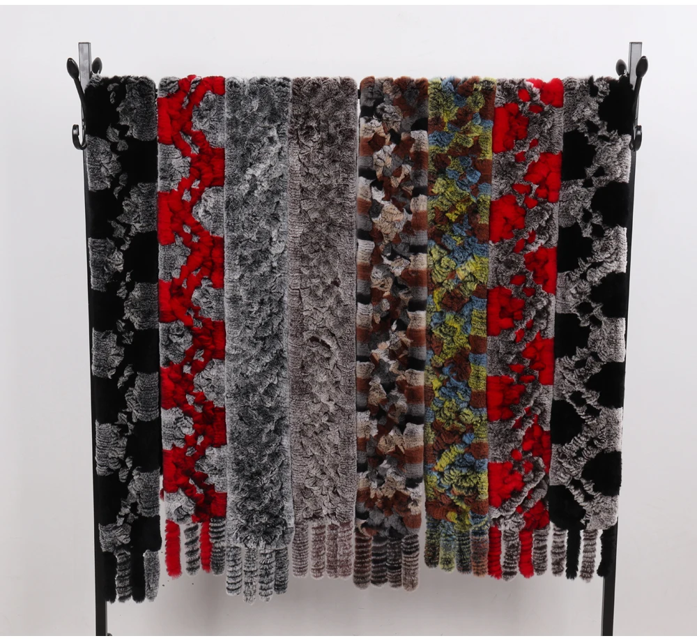 Neue Damen-Schals aus 100% natürlichem Rex-Kaninchenfell, langer Stil, gestrickte Rex-Kaninchenfell-Quastenschals, warme Echtfell-Schals für den Winter. – Detail 5