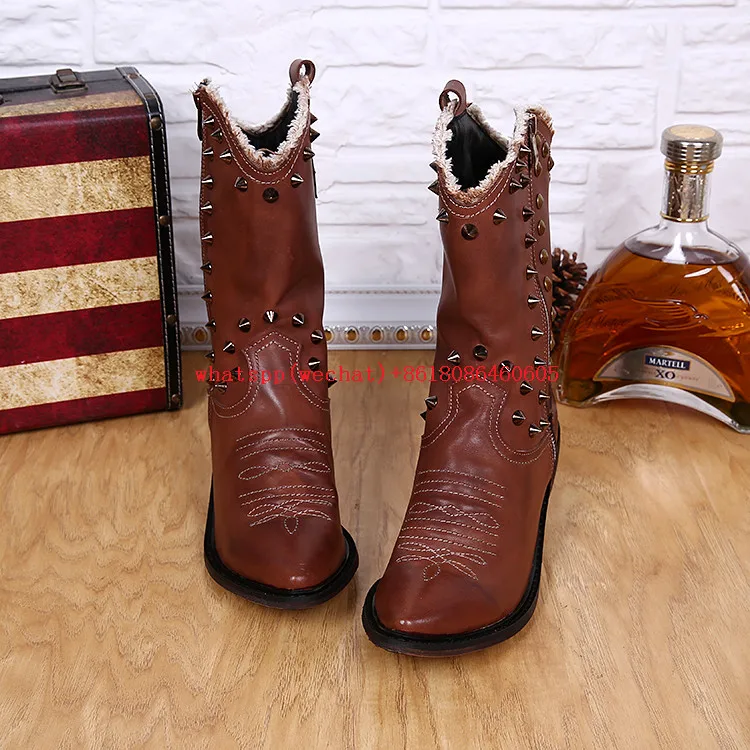 Italian Men Knee High Boots Black Brown High Top Work Studded Cowboy Boots Pointed Toe Rivets Motorcycle Shoes Man