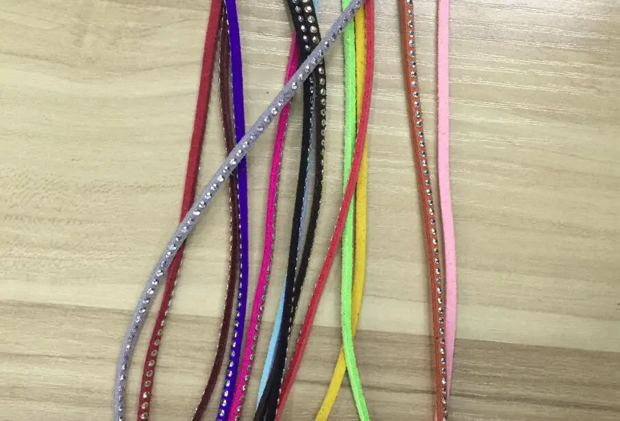 Free Ship 1000 Meterse 3mm*1.5mm Multi Color  Flat  Faux Suede Leather Cord With Full  Silver Studs