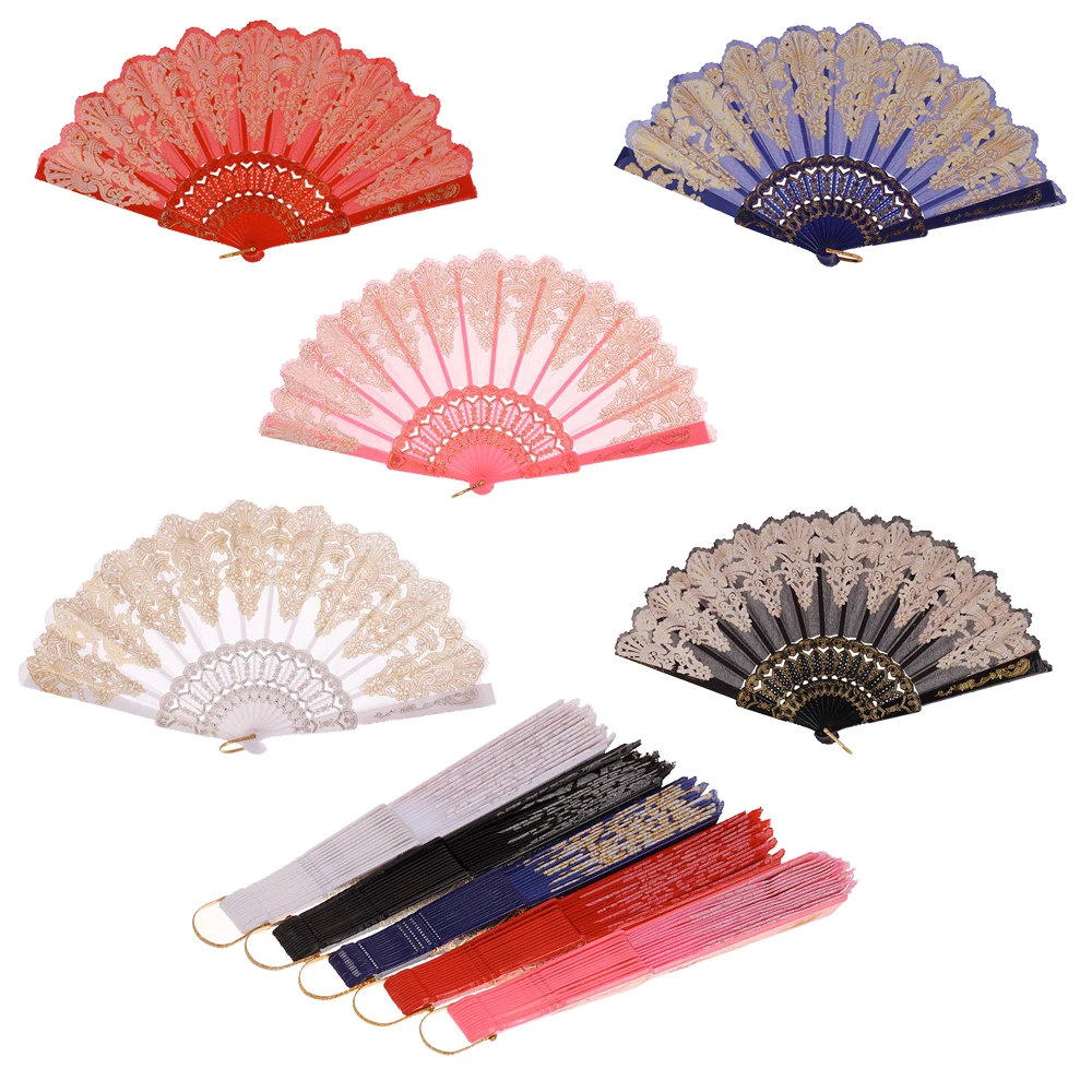 5 Pcs Chinesse Janpanese Hand Fan Vintage Plastic Silk Lace Dance Folding Fan eventail a main wachlarz reczny for Wedding Gift