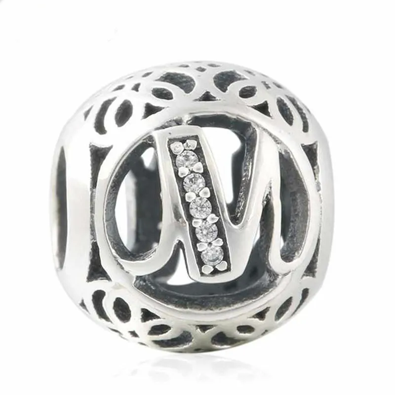 

Summer 925-Sterling-Silver Vintage Alphabet Cubic Zirconia Letter M Openwork Charms Beads Fits Pandora bracelets jewelry