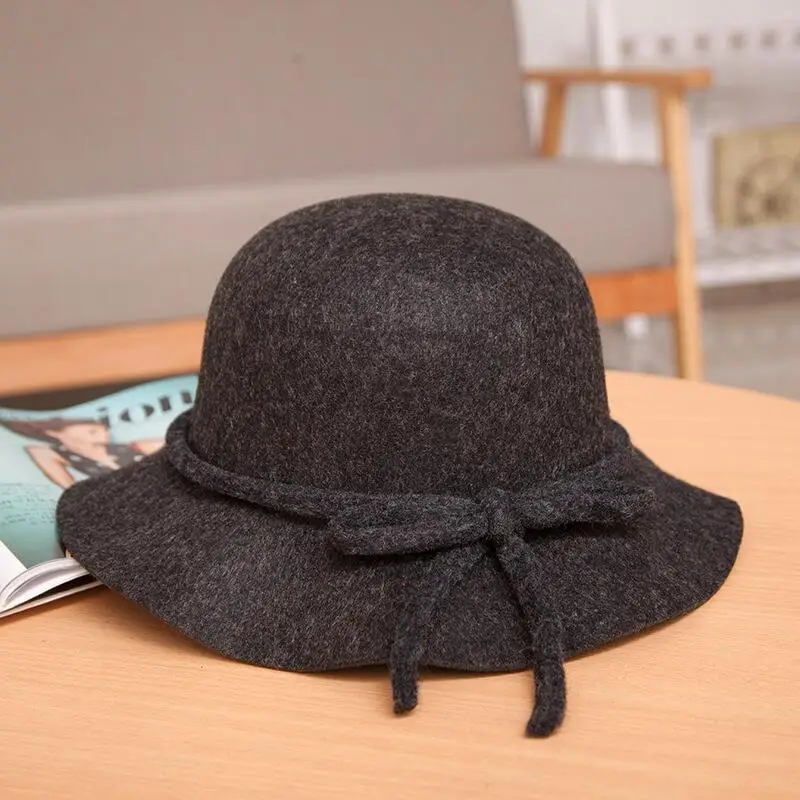 jiangxihuitian Europe Fall Winter Women\'s Fedora Caps Vintage Sun Hat For Woman Lady Wide Brim Wool Felt Bow knot Hat