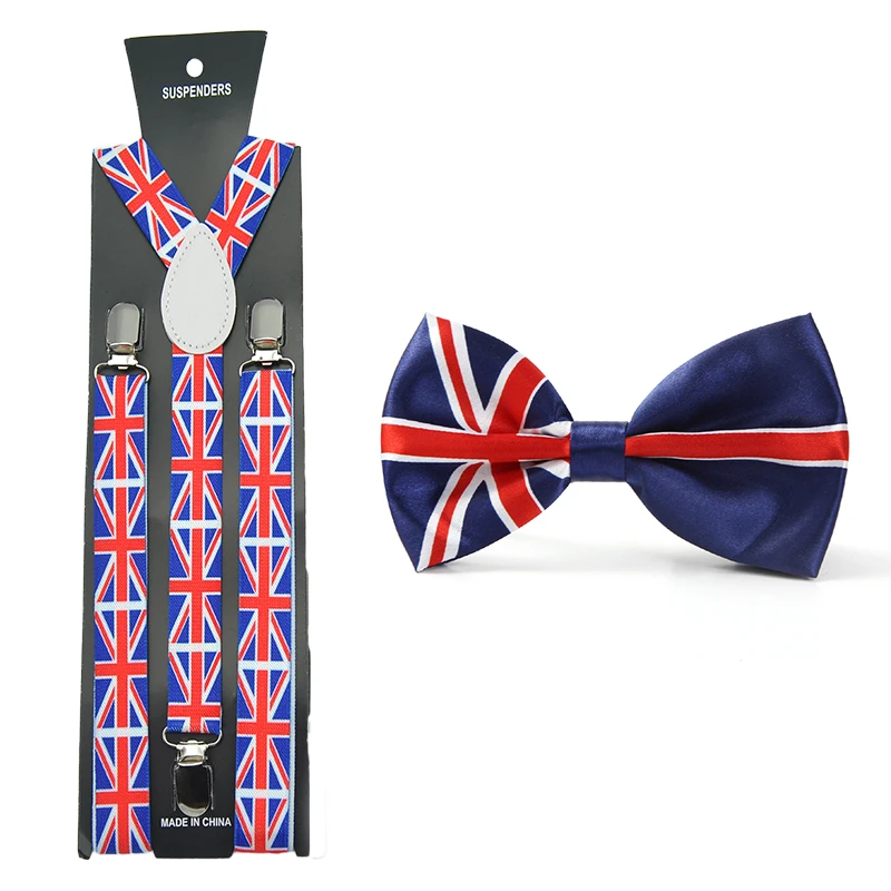 Kobiety Mężczyźni Suspender For Trousers Pants Holder Bowtie Set Y-Shape British flag Brace Gallus Office Casual Bowtie Set Gift Cravat