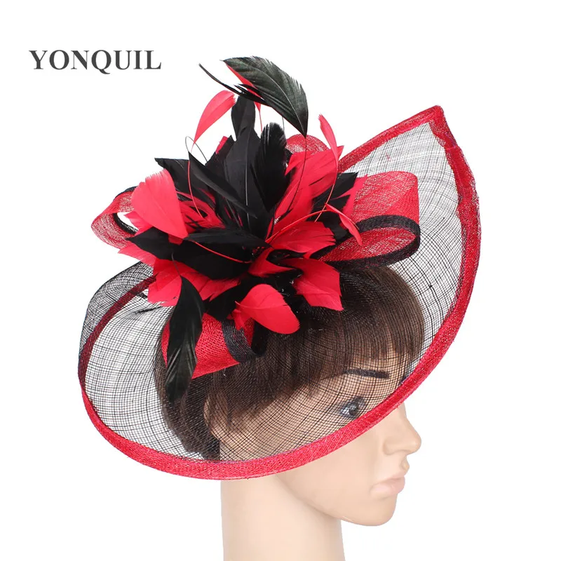 Elegante Sinamay Fascinator Hüte mit Feder blume Sinamay Trims Cocktail und Race Hüte Hochzeit Braut Kopf bedeckung mehrere Farben – Detail 15