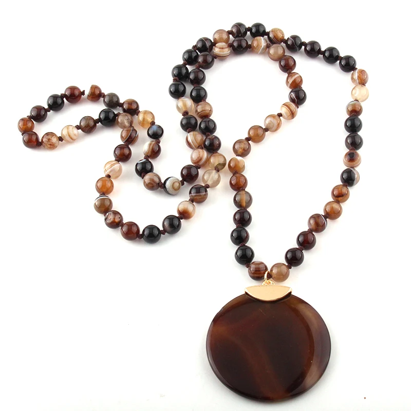 Fashion Bohemian Jewelry Natural Agat Stones Knotted Round Stone Pendant Necklaces For Ethnic Necklace