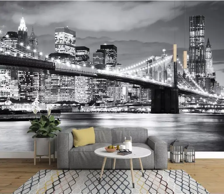 

Custom Mural Night Manhattan Bridge New York European And American Cities Black And White Living Room Backdrop Wallpaper