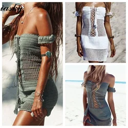 IASKY 2018 Nuovi Spalla Beach Cover Up sexy delle donne di lavoro a maglia del Bikini del costume da bagno Cover up Pareo Sexy Vestito Dalla Spiaggia