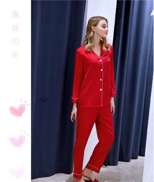 

Lady's Pijama Hombre Ice Silk Satin Suit Set 2 Pcs Sleepwear Thin Long Sleeves Leisure Students Youth Home Clothes J072