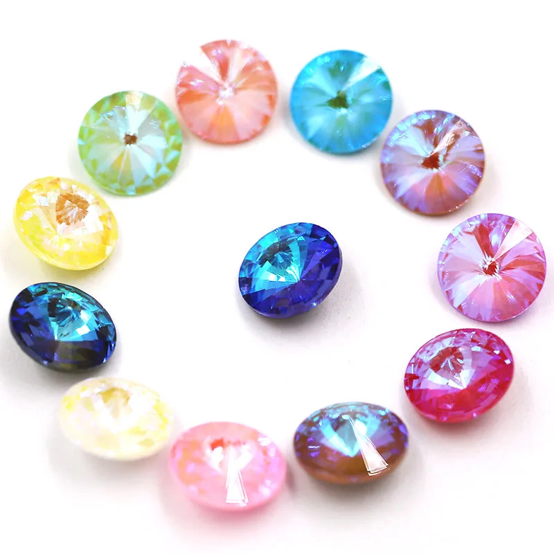 New Style Round Shape Glass Crystal Mocha Fluorescence Pointback Rivoli Rhinestones Glue On Clothing Accessories