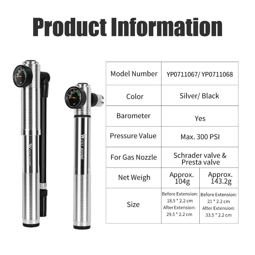 WEST BIKING Bike Pump 300Psi With Hose Gauge For Fork Rear Suspension Cycling Tire Inflator Presta Schrader Valve Bicycle Pump