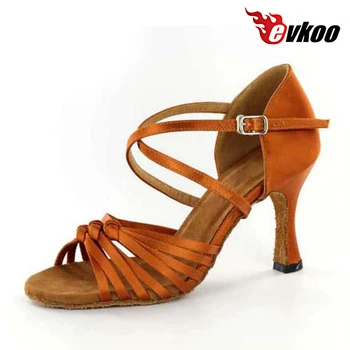 Evkoodance Salsa latina Tango Scarpe da ballo Donna 7 cm Altezza tacco Scarpe professionali in raso marrone chiaro Scarpe da donna personalizzate Evkoo-045