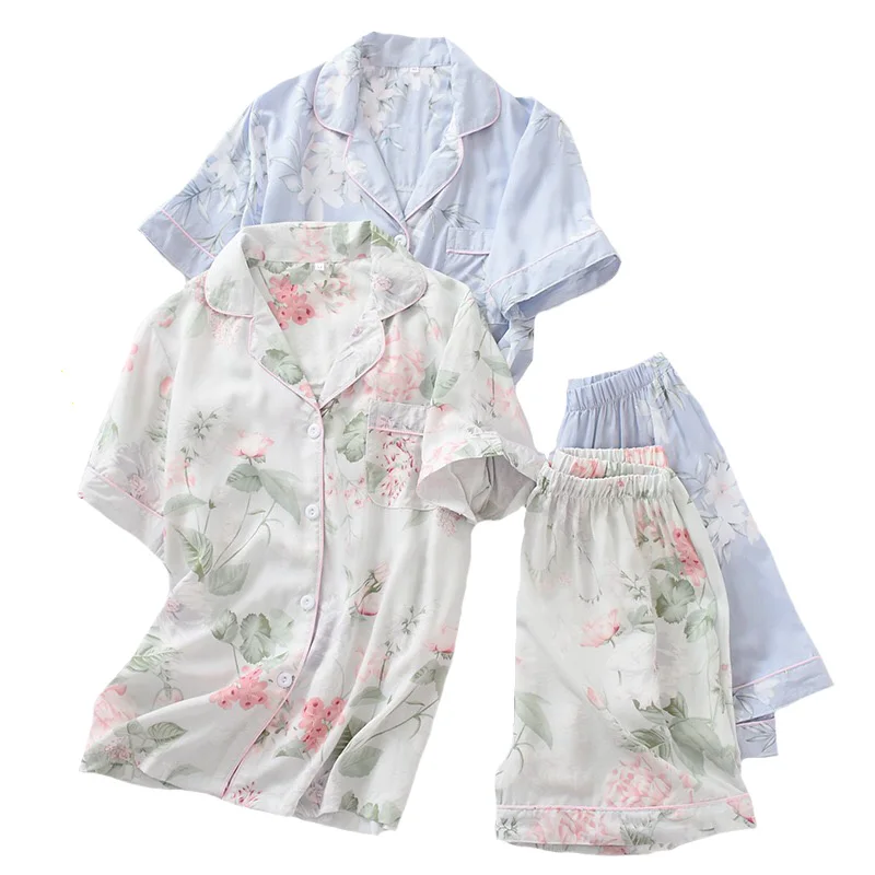 2Pcs Pajamas Set Women Simple Style Sleepwear 2023 Summer New Floral Printed Turn-down Collar Top+Shorts Comfort Homewear Set