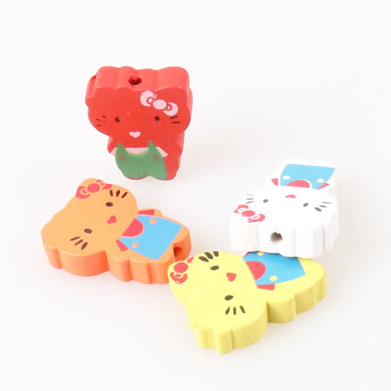 Wooden Cute Cartoon Hello Cat Spacer Beads For Jewelry Making DIY 23x18mm 20pcs Mixed