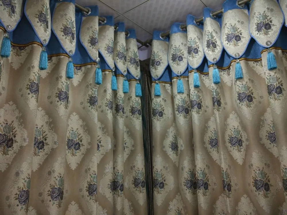 New Blue flowers embroidery on the golden Kahki color background Curtain Thick Blackout luxurious Rod Stick style of Restaurant