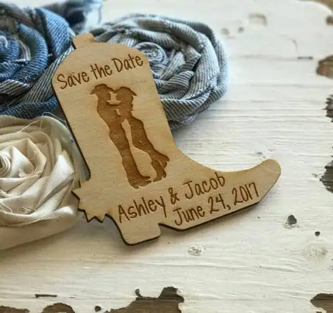 custom western Cowboy and Cowgirl Bride Groom names wooden Wedding Save the Date Magnets engagement party favors company gifts